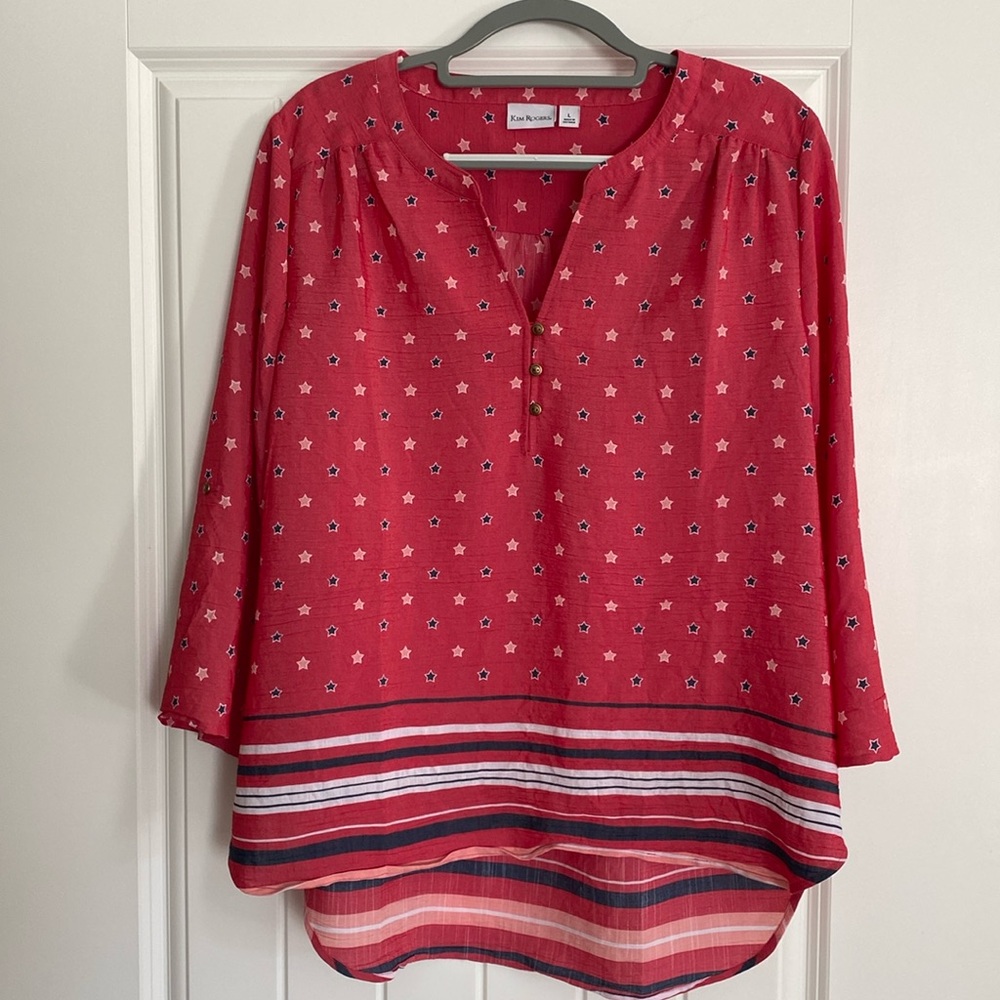 Kim Rogers Patriotic V-Neck High-Low Blouse Size Large Memorial Day July 4th